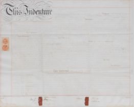 A Victorian indenture dated 1893, bearing seals and signatures, framed and glazed, 60cm x 75.5cm.