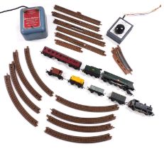 A group of Tri-ang N gauge model railway, to include a Crab Line Merchant Navy class locomotive and