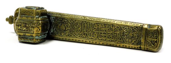 A 19thC Middle Eastern brass qalandan travelling scribe's, case with engraved decoration, 21cm wide.