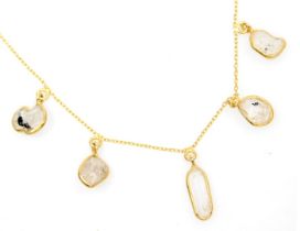 A Shipton & Co yellow metal necklace, with five florite quartz pendant chips, necklace marked 375.