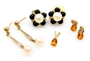 Two pairs of gold and cultured pearl earrings, together with a citrine and diamond pendant, and a pa