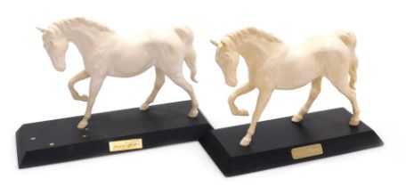 Two Beswick pottery matt white equestrian figures, Spirit of Affection and Spirit of Freedom, raised