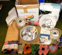 A small rug, cookware, pots, flatware and a Kenwood Chef. Buyer Note: WARNING! This lot contains