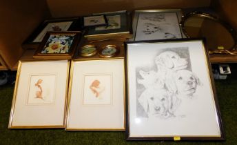 Pictures and prints, including animal studies, still life, etc. and an oval gilt framed mirror. (11