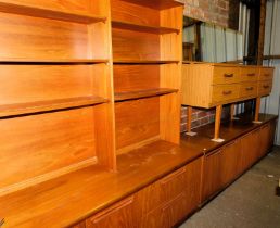 Furniture, a Meredew teak style sideboard back to back with shelves, above a series of drawers, a dr