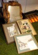 Picture and prints, townscape scenes, and a gilt framed mirror. (a quantity)