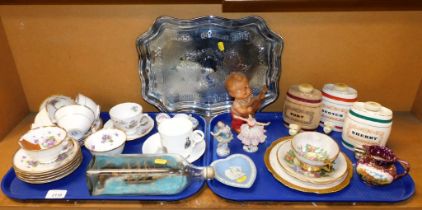 Ceramics and silver plated items, to include a silver plated tray, part tea service, ship in a bottl