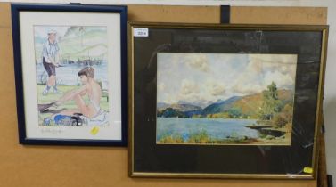 A framed and glazed picture of Windermere, together with a framed cartoon by Matthew Huskinson, titl