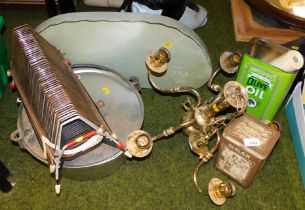 Tins and a five sconce candelabra, cooking pot and associated items.