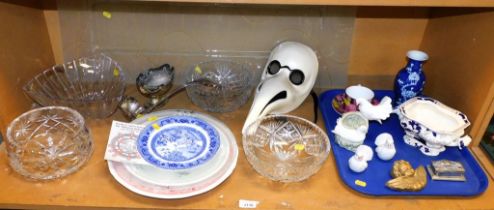 An Italian face mask, ceramics including dishes, blue and white glassware including glass bowls, oth