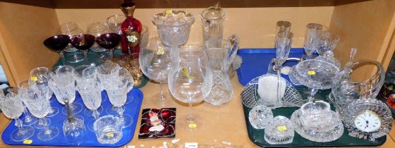 Large brandy glasses, cut glass clock, ashtrays, basket, vases, coloured glass wine glasses, etc. (