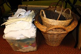 Textiles, lace items and linen wares and wicker baskets.