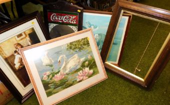 Pictures and mirrors, to include a jockey on horse back, Coca Cola advertising mirror, etc. (a quan