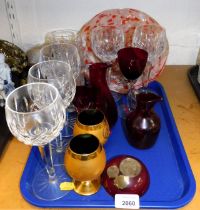 Decorative glassware, including large wine glasses, a mottled glass bowl, cranberry glass wine glass