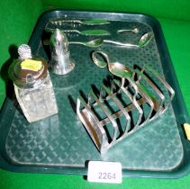 Silver plated items including a toast rack, small flask with lid, a salt, spoons and small knives. (