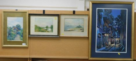 Three watercolours, a cottage garden, river estuary scene and a shoreline scene and street scene pri