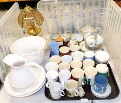 A selection of mugs, cups, coffee pot, milk jug, cut glass bowl, planter and a table lamp. (2 trays