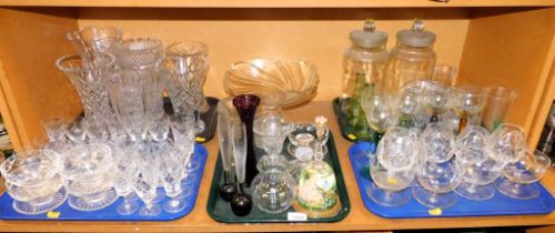 Cut glass vases, large storage jars, brandy glasses, drinking glasses, etc. (5 trays and loose)