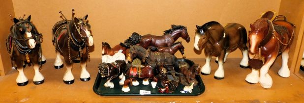 Ceramic horses, including four large Shire horse and a smaller horse. (1 tray and loose)