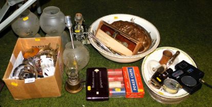 Light fittings, including an oil lamp glass fitting, a large bowl, and copper ware.