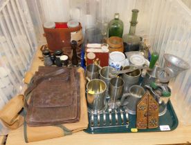 A toast rack, tankard, mincer, leather bags, two pairs of binoculars, brandy glass, etc.