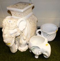 White ceramic wares including planters, and an elephant garden seat. (3)