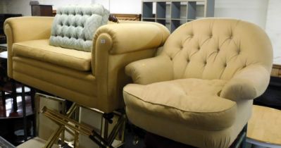 A gold finish roll arm two seater sofa, a button back chair, and a green painted stool. (3)