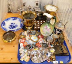 Metalware items and ceramics, ornamental eggs, wine cooler, candelabra, thimbles, etc. (2 trays and