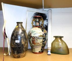 An oriental style large vase, gilt highlighted tribal style vase, a glass jar and a scroll.