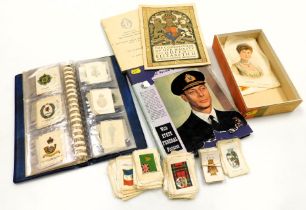 A collection cigarette cards and silks, a photograph album and an souvenir album of Her Majesty Quee