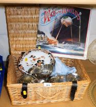 A wicker picnic basket, Jeff Wayne's The War of The World musical version in LP form, blue and white