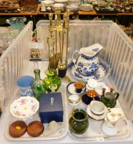 Fire irons, wash jug and bowl, Aynsley small saucers and cups, etc. (2 trays and loose)