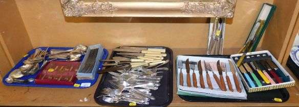 Silver plated flatware, to include spoons, forks, cake forks, large forks, knives, boxed and unboxed