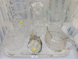 Glassware, including a large cut glass brandy glass, decanter, and a water jug. (1 tray)
