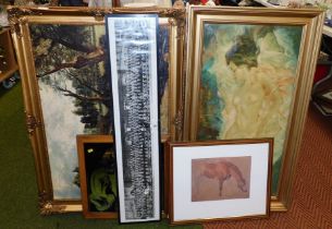 Picture and prints, including a mirror backed picture, landscape scene and a naked woman in recumben