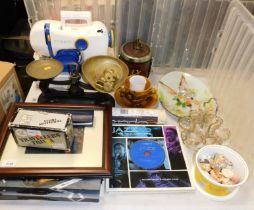 Pictures and prints, scales, jazz record, glassware and small figurines. (a quantity)
