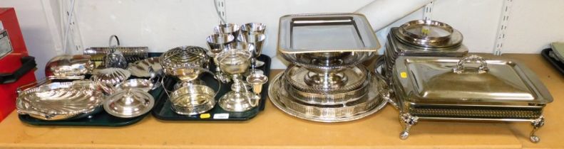 Silver plated wares, to include candlesticks, goblets, rose bowl, trays, lighter, tureen with cover,