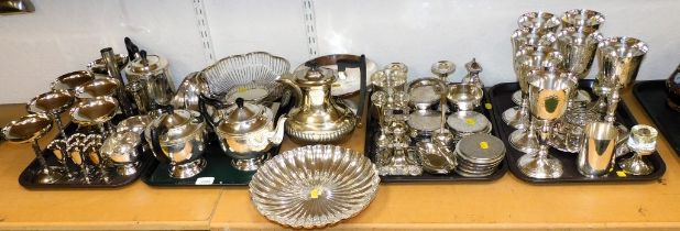 Silver plated wares, including coffee pots, large and small goblets, teapots, trays, candlesticks, e