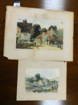 Two watercolours on board, riverside scene and a street scene.