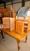 Pine furniture, a pine kitchen table, two corner cabinets, wall hanging cabinet, CD unit, open unit