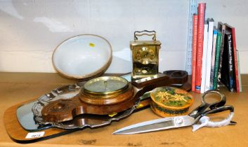 A silver plated salver, mirror, barometer, large pair of scissors, carriage clock, cooking bowl and