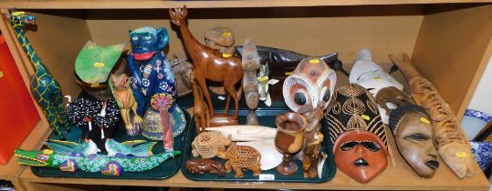 Tribal items including painted wares, in the form of animals, crocodiles, giraffes, monkeys, etc. (