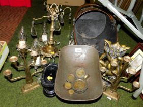 Metalware and brassware, including fire irons, coal scuttle, scales, candelabra and an electrolier.