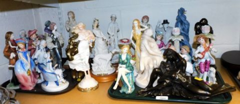 Ornamental figures and a bronzed figure of an embrace. (20 items, 2 trays and loose)