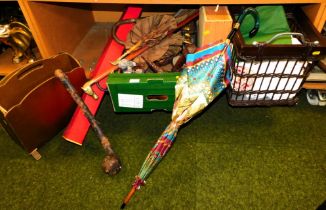A magazine rack, walking sticks, umbrellas, treen ware and some textiles.