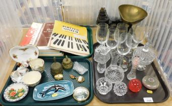 Glassware, to include drinking glasses, etched, etc., sheet music, a Poole dolphin patterned tray, o