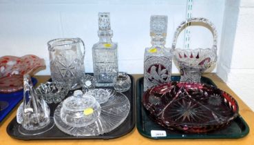 Decorative cut glass, including Bohemian glass decanter, basket and a bowl, large water jug, ashtray