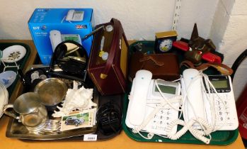 Coins, small plated tankard, tray, telephones including a BT Homephone Decor 2220, etc. (2 trays)