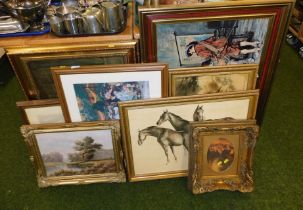 Pictures and prints, including gilt framed examples, equestrian, landscapes, etc. (10)