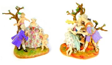 A late 19thC Meissen figure group, of a gallant and lady, the gallant in Roman attire, holding a bir